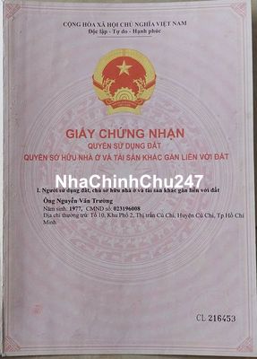 CHÍNH CHỦ BÁN ĐẤT THỔ CƯ 5X30 MT TRUNG TÂM CỦ CHI